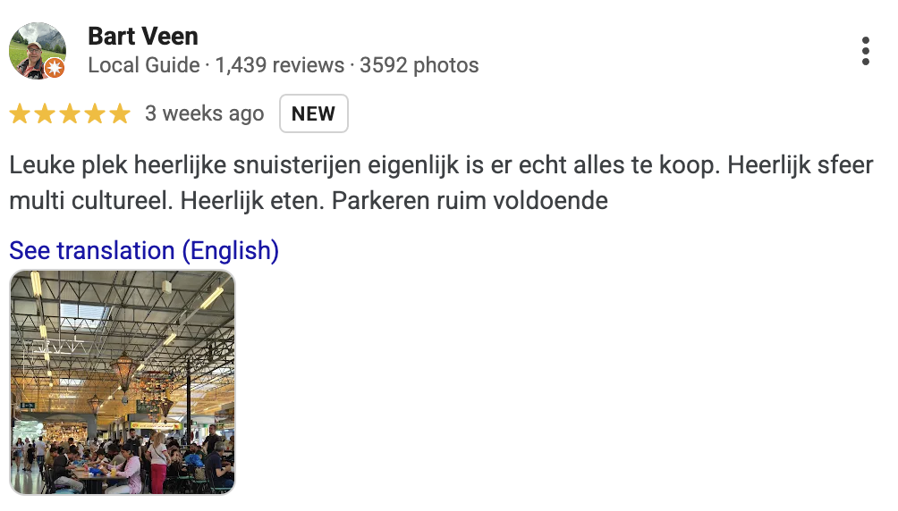 Review van Bart Veen: Leuke plek heerlijke snuisterijen eigenlijk is er echt alles te koop. Heerlijk sfeer multi cultureel. Heerlijk eten. Parkeren ruim voldoende