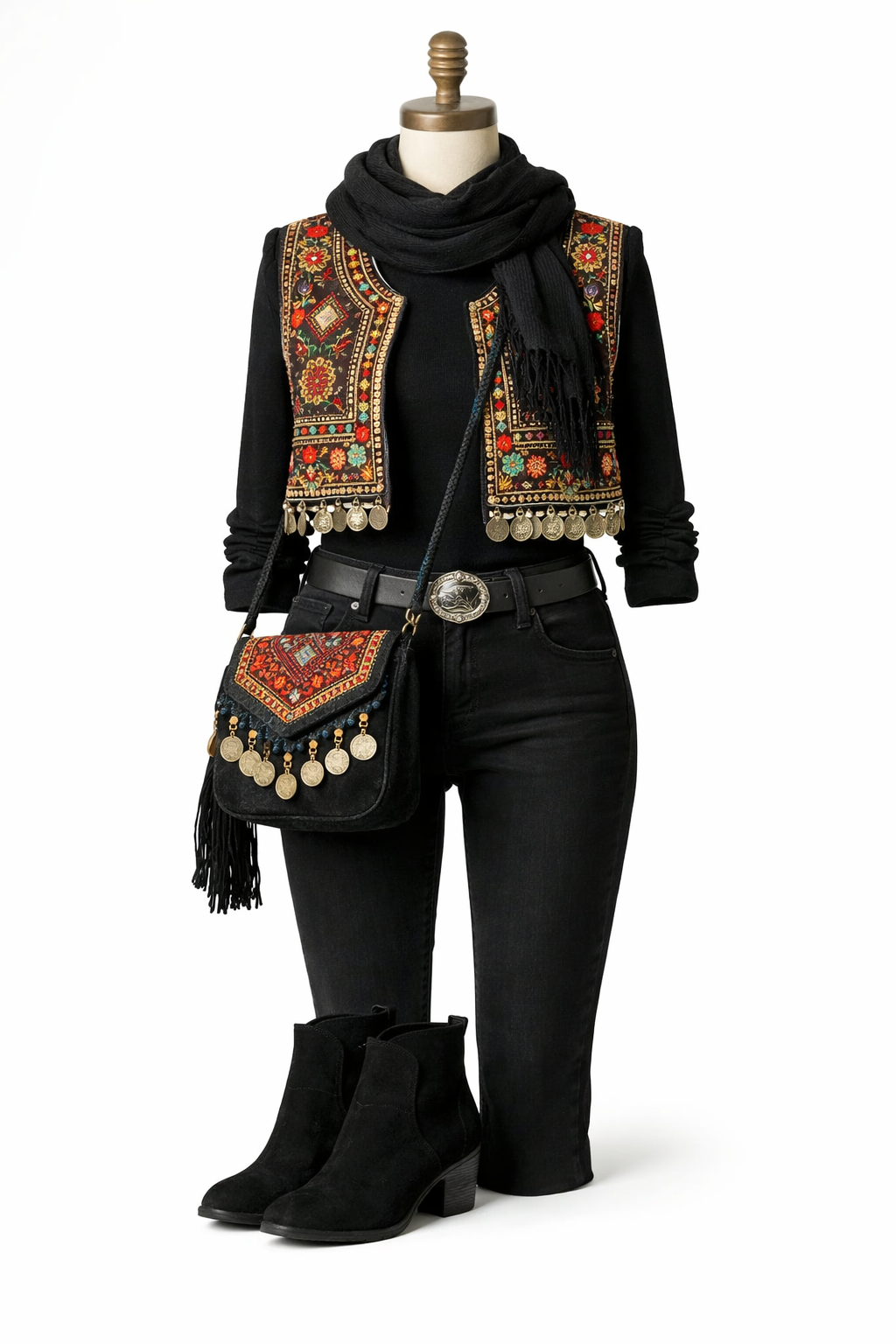 lente-outfit1 paspop met een lente outfit van zwarte basics met etnisch details uit Afghanistan