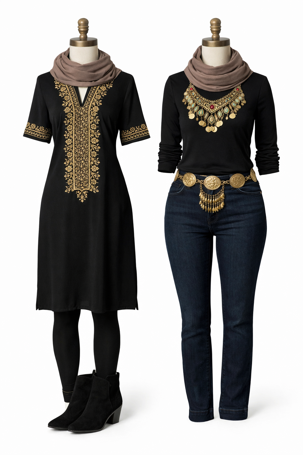 lente-outfit2 etnische details op een zwarte legging of donkere jeans